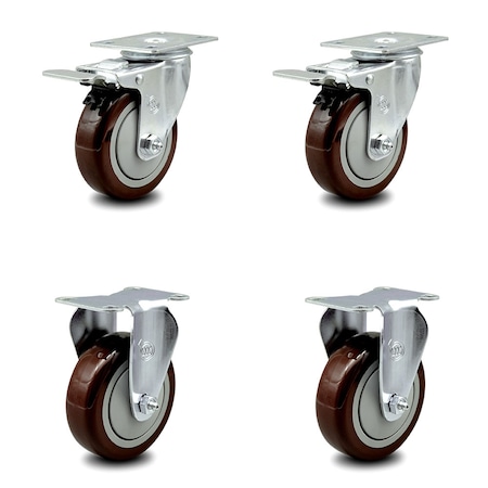 Service Caster 4 Inch Maroon Polyurethane Swivel Top Plate Caster Lock Brakes 2 Rigid SCC, 2PK SCC-TTL20S414-PPUB-MRN-2-R-2